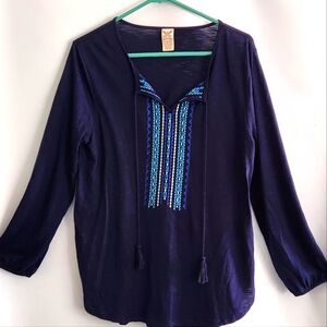 Faded Glory Large L 12-14 Embroidered Peasant Bohemian Top Dark Navy Long Sleeve